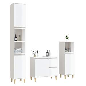 vidaXL Vonios spintelių komplektas, 3 dalių, baltas, mediena, blizgus