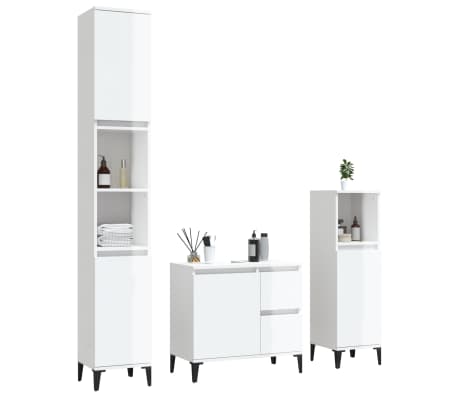 vidaXL Vonios spintelių komplektas, 3 dalių, baltas, mediena, blizgus