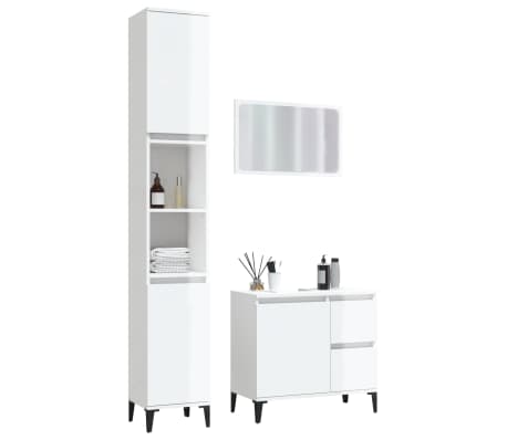 vidaXL Vonios baldų komplektas, 3 dalių, baltas, mediena, blizgus