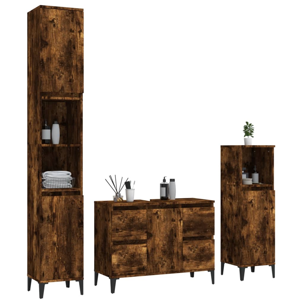 vidaXL Set de muebles baño 3 pzas madera contrachapada roble ahumado