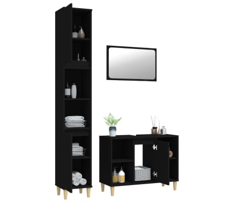 vidaXL Vonios baldų komplektas, 3 dalių, juodas, apdirbta mediena