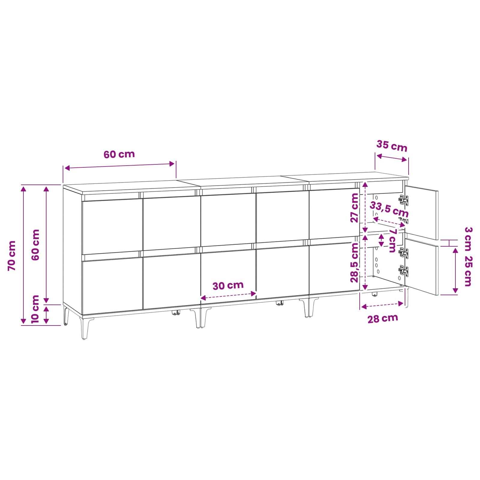 Dressoirs 3 st 60x35x70 cm bewerkt hout grijs sonoma eikenkleur - Afbeelding 11