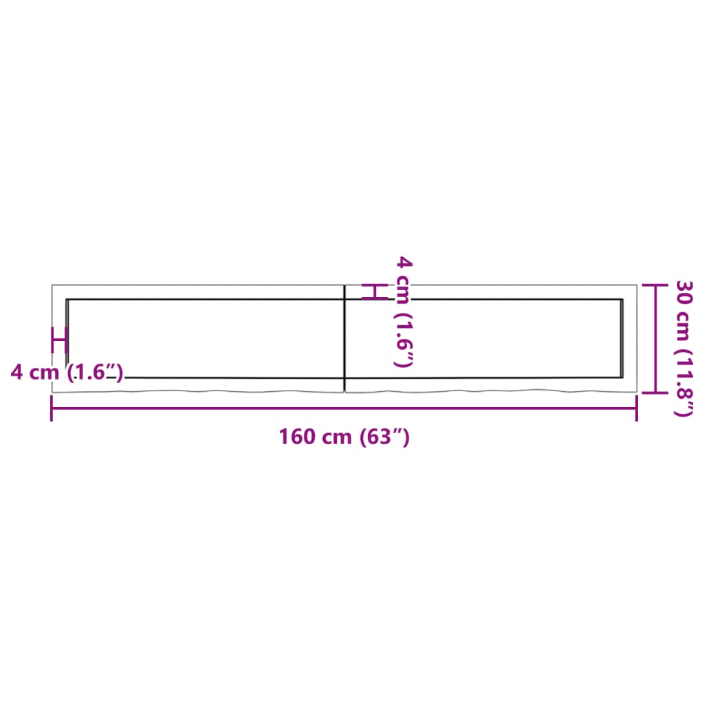 Sötétbarna kezelt tömör fa fürdőszobai pult 160x30x(2-6) cm 