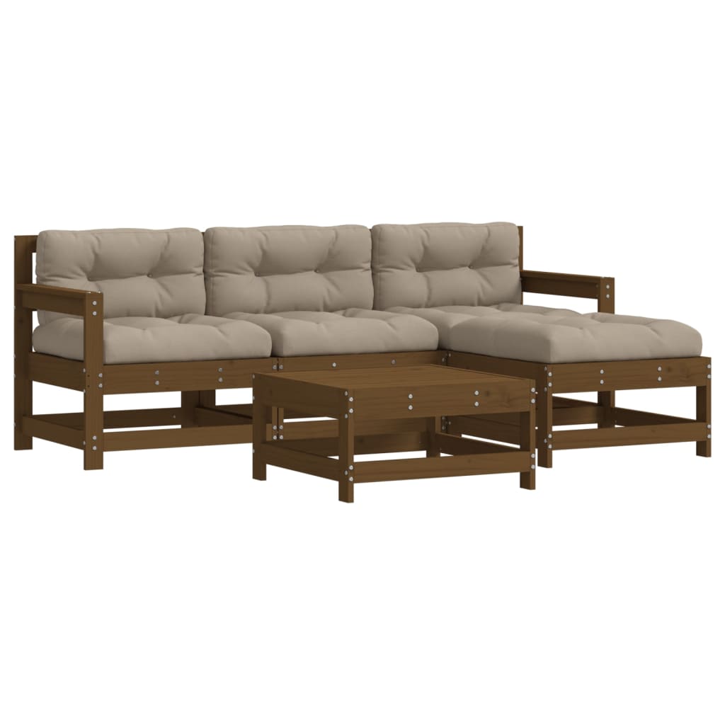 vidaXL 5-delige Loungeset met kussens massief hout honingbruin