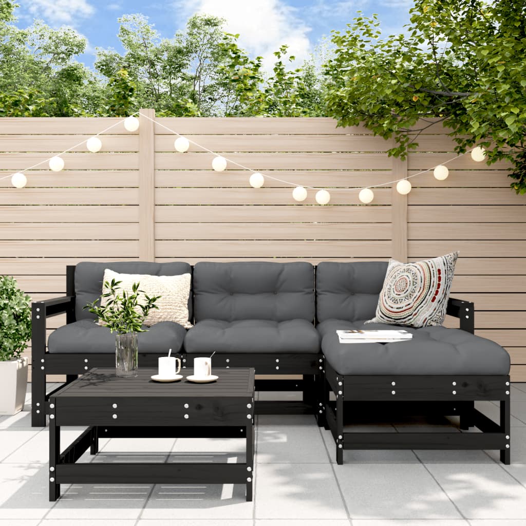 Salon de jardin 5 pcs avec coussins noir bois massif