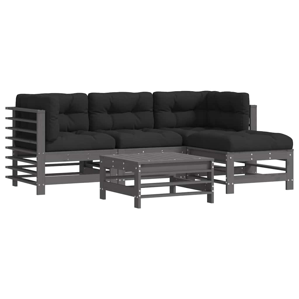 vidaXL Set mobilier grădină cu perne, 5 piese, gri, lemn masiv