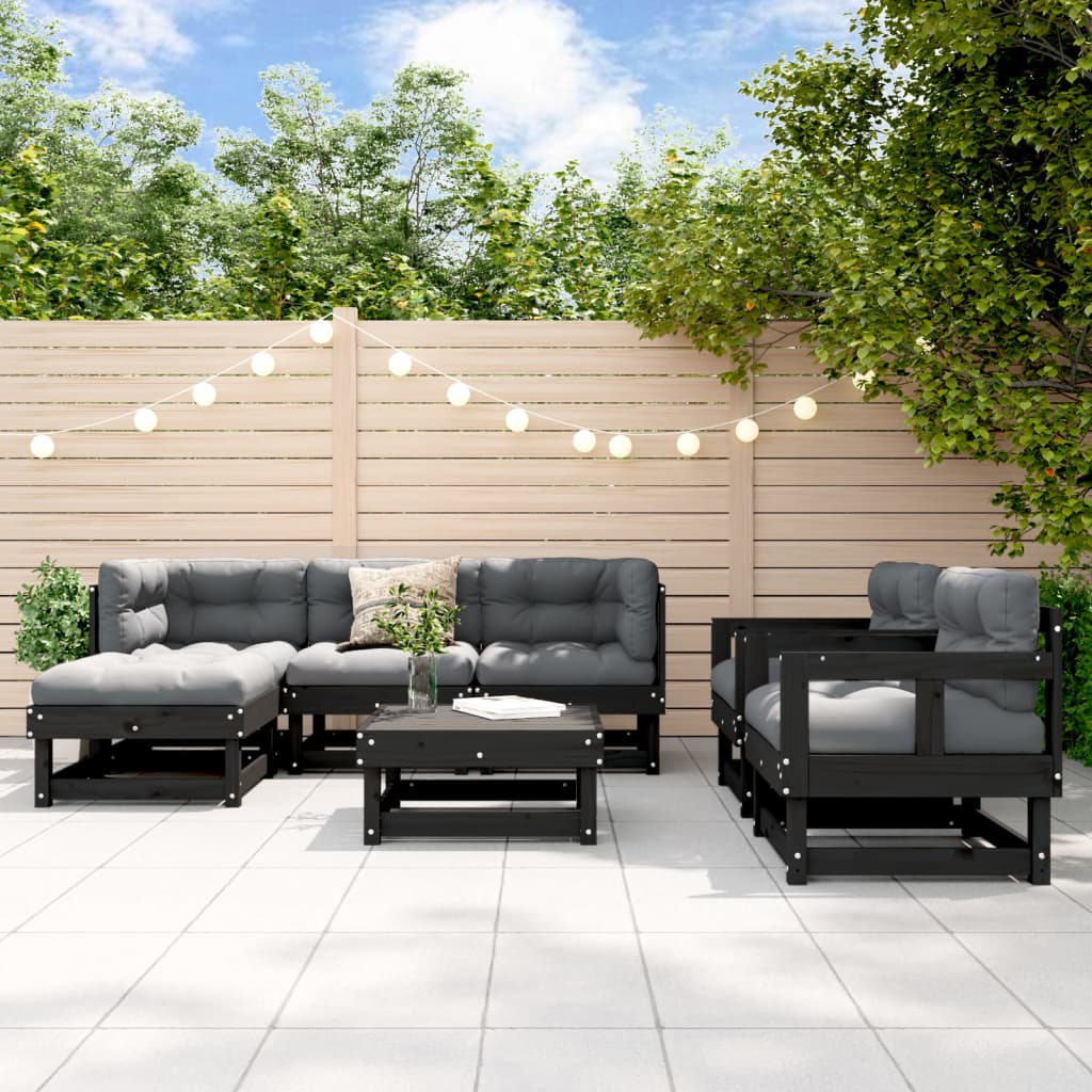 vidaXL Salon de jardin 7 pcs avec coussins noir bois massif