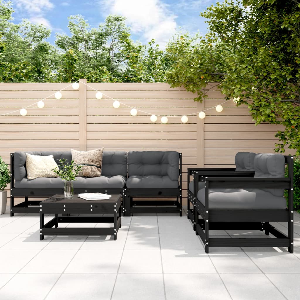 Salon de jardin 6 pcs avec coussins noir bois massif