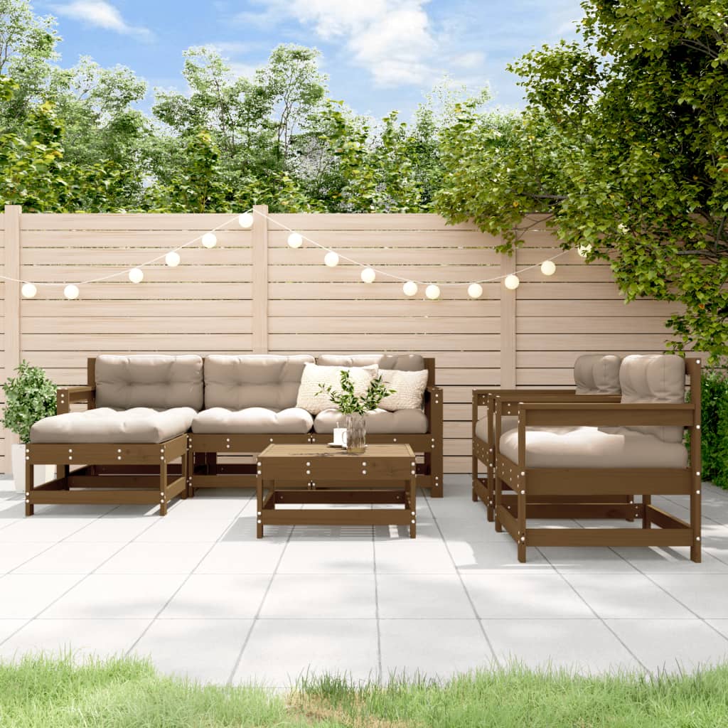 Salon de jardin 7 pcs avec coussins marron miel bois massif