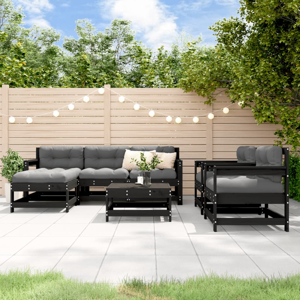 Salon de jardin 7 pcs avec coussins noir bois massif