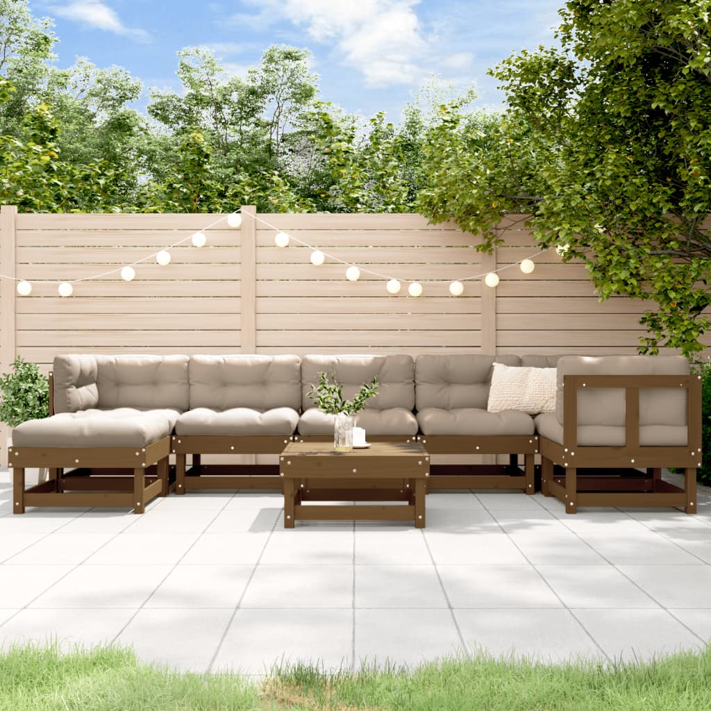 Salon de jardin 8 pcs avec coussins marron miel bois massif