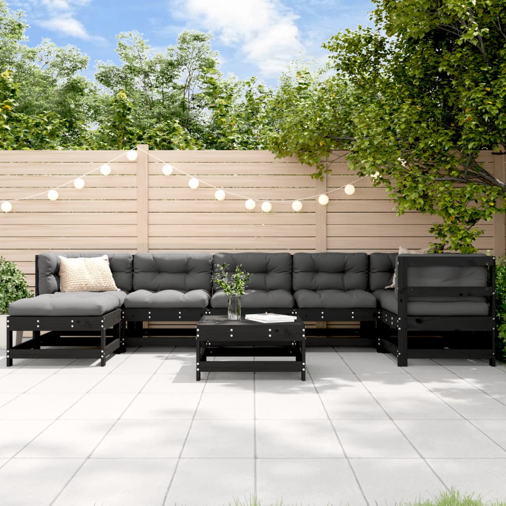 Salon de jardin 8 pcs avec coussins noir bois massif