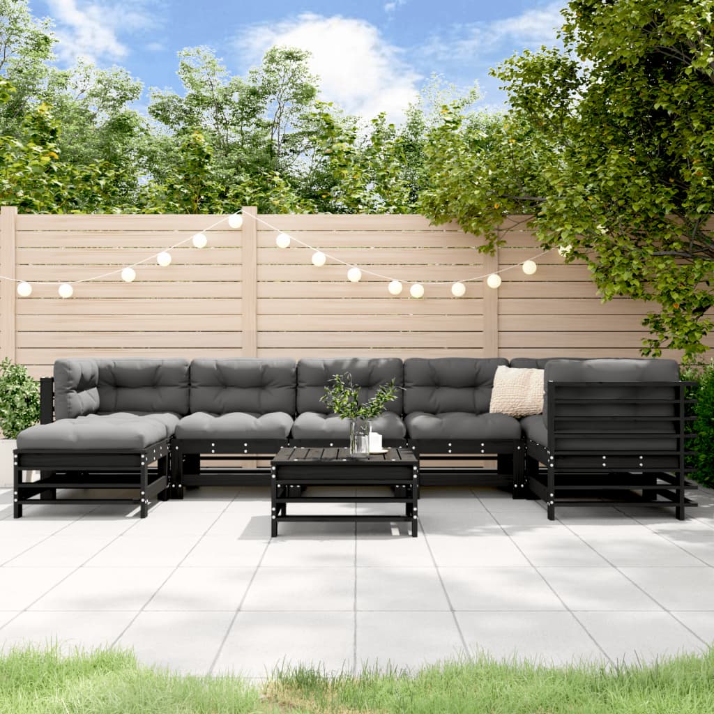 Salon de jardin 8 pcs avec coussins noir bois massif