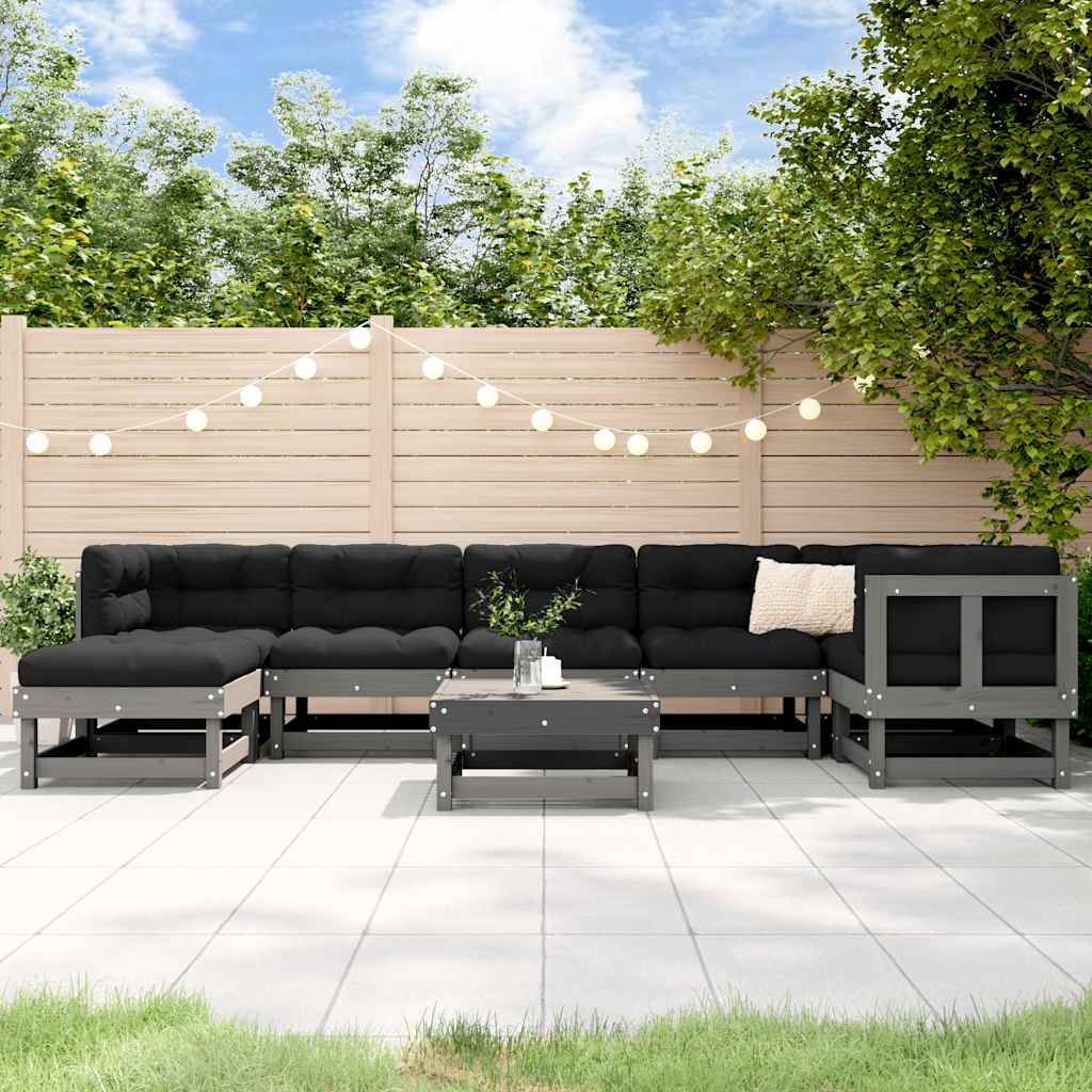 Salon de jardin 8 pcs avec coussins gris bois massif
