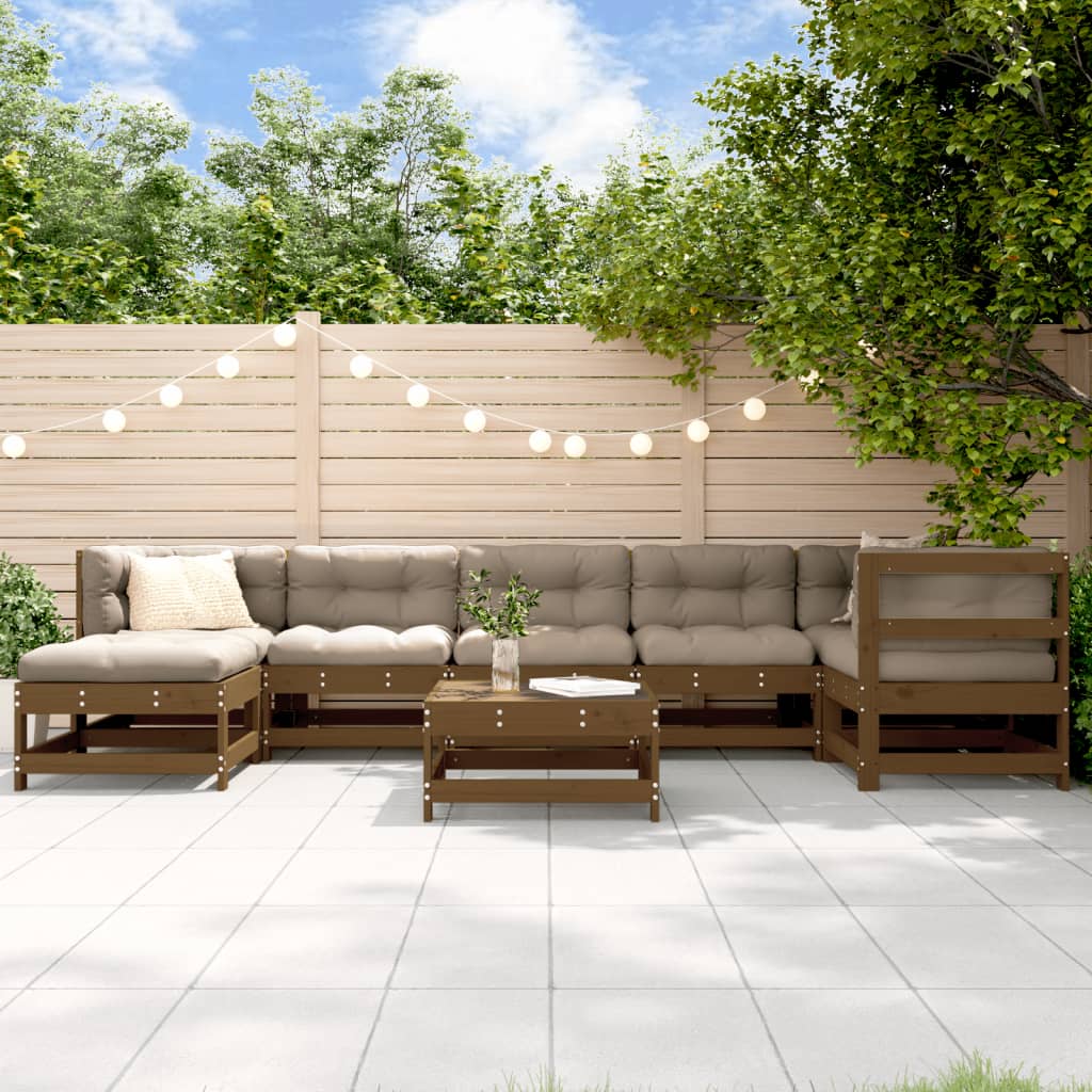Salon de jardin 8 pcs avec coussins marron miel bois massif