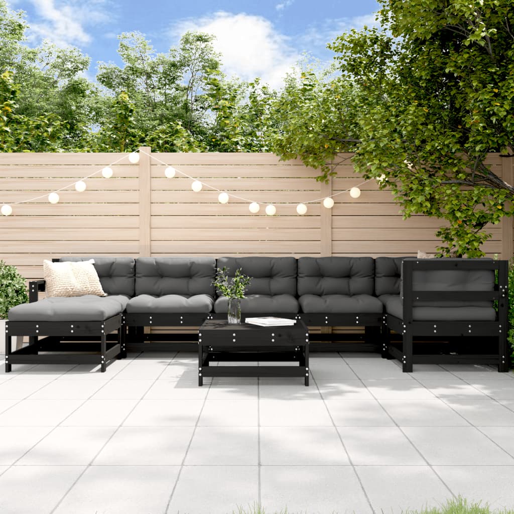 Salon de jardin 8 pcs avec coussins noir bois massif