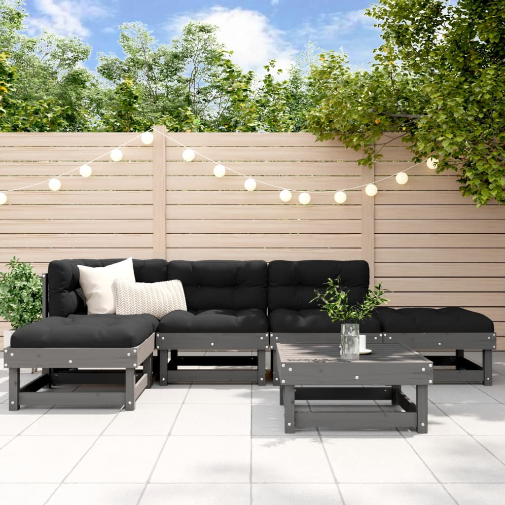 Salon de jardin 6 pcs avec coussins gris bois massif