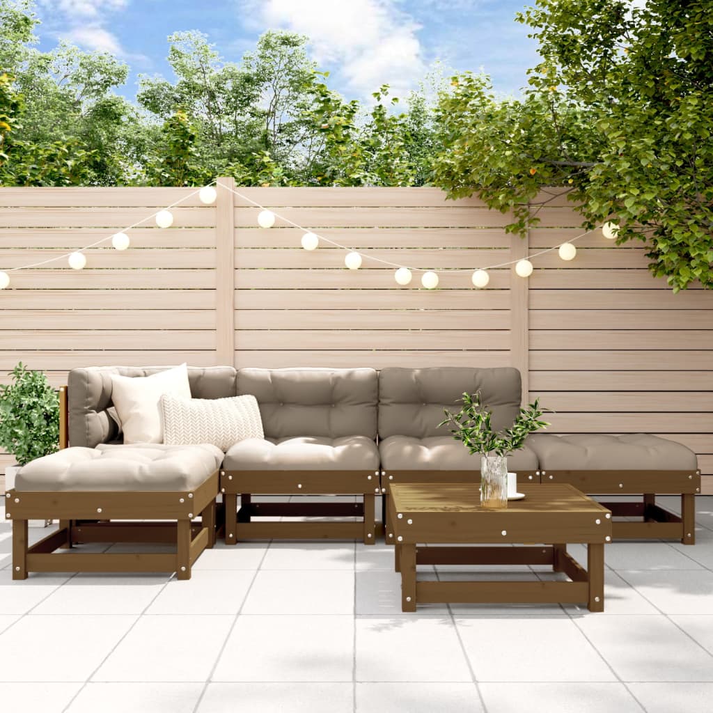 Salon de jardin 6 pcs avec coussins marron miel bois massif