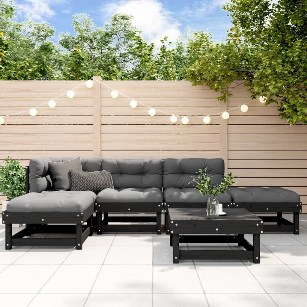 Salon de jardin 6 pcs avec coussins noir bois massif