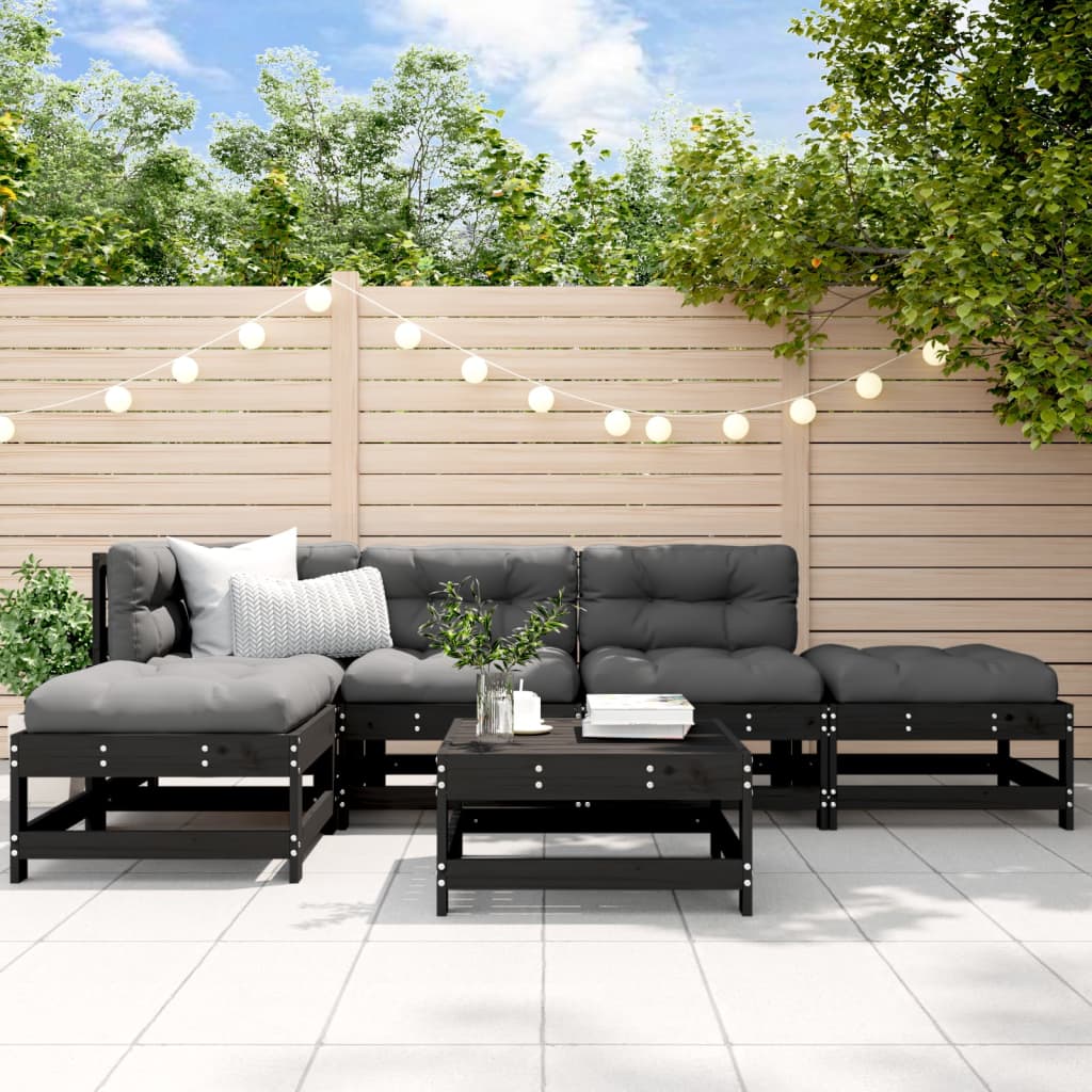 Salon de jardin 6 pcs avec coussins noir bois massif