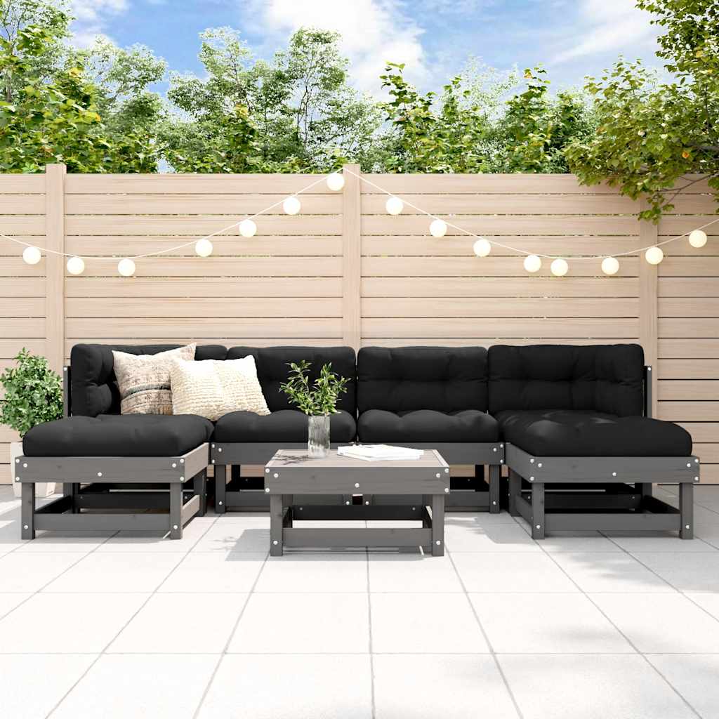 Salon de jardin 7 pcs avec coussins gris bois massif