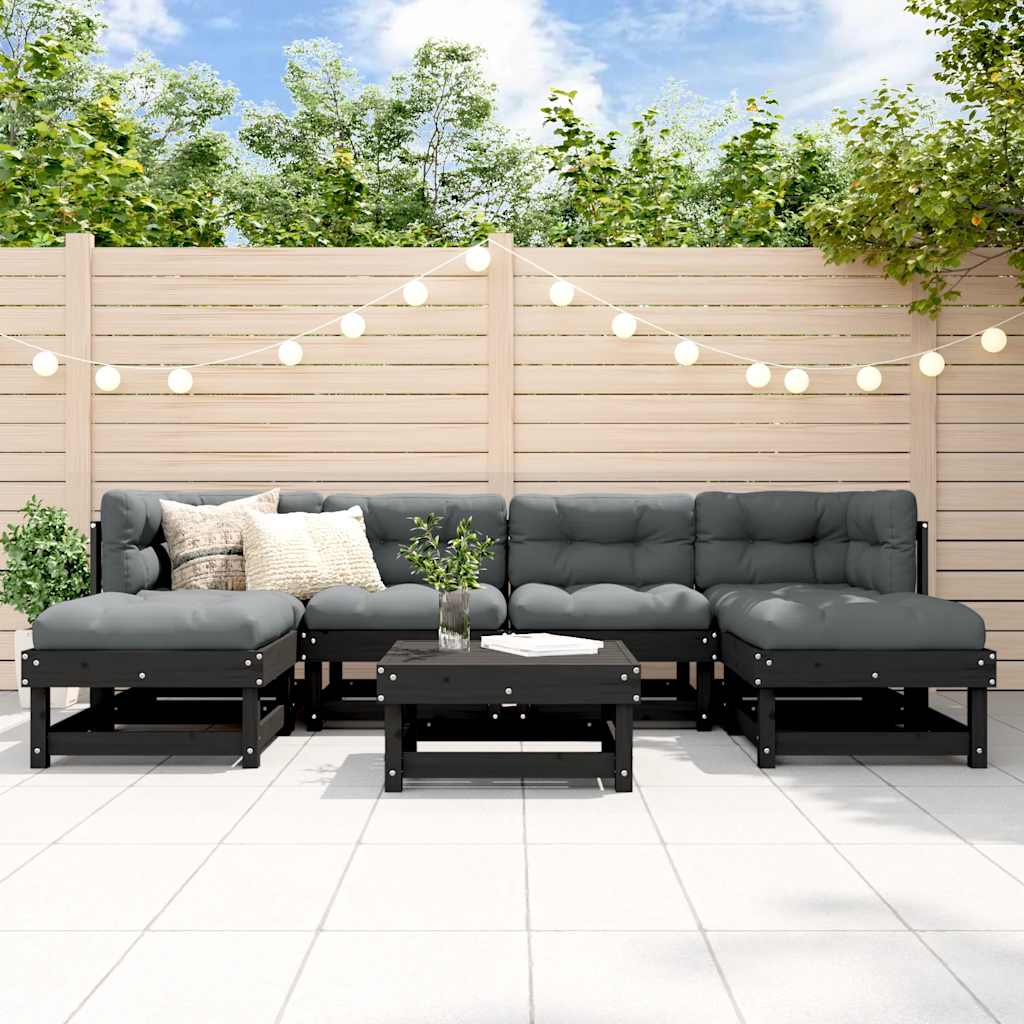 Salon de jardin 7 pcs avec coussins noir bois massif