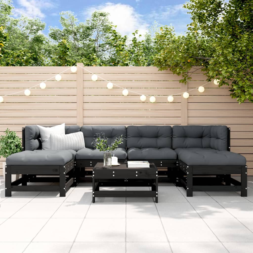 Salon de jardin 7 pcs avec coussins noir bois massif