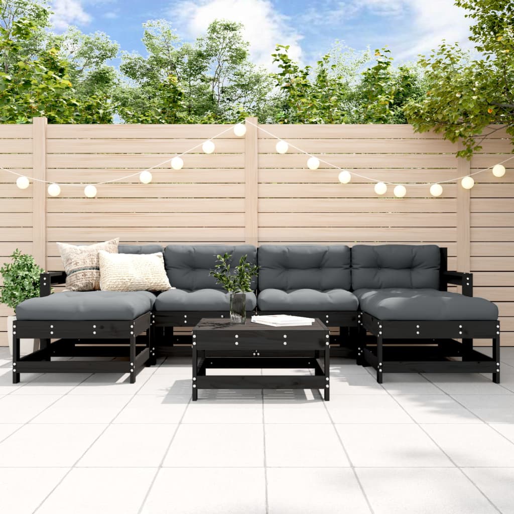 vidaXL 7-tlg. Garten-Lounge-Set mit Kissen Schwarz Massivholz