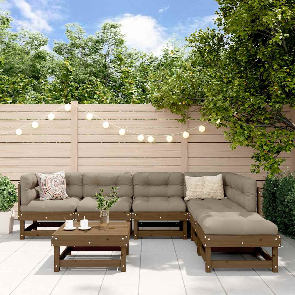 Salon de jardin 7 pcs avec coussins marron miel bois massif