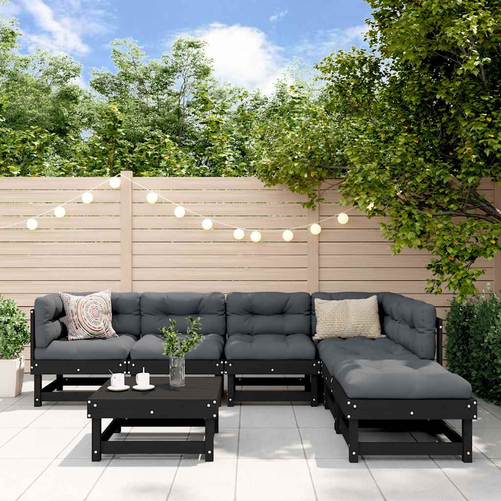 Salon de jardin 7 pcs avec coussins noir bois massif