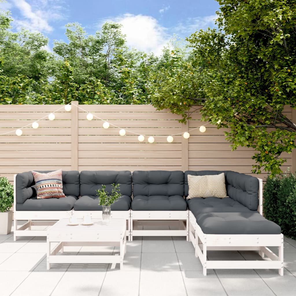 vidaXL 7-tlg. Garten-Lounge-Set mit Kissen Weiß Massivholz