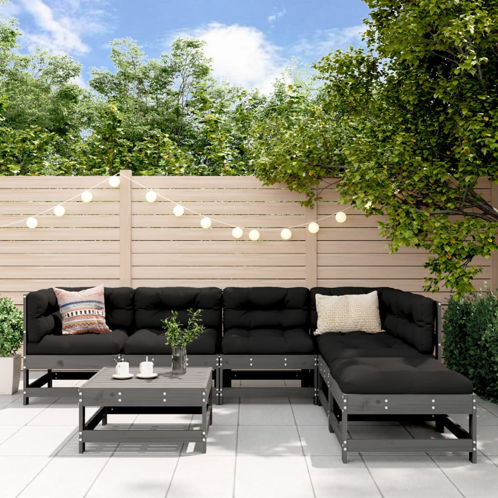 vidaXL 7-tlg. Garten-Lounge-Set mit Kissen Grau Massivholz