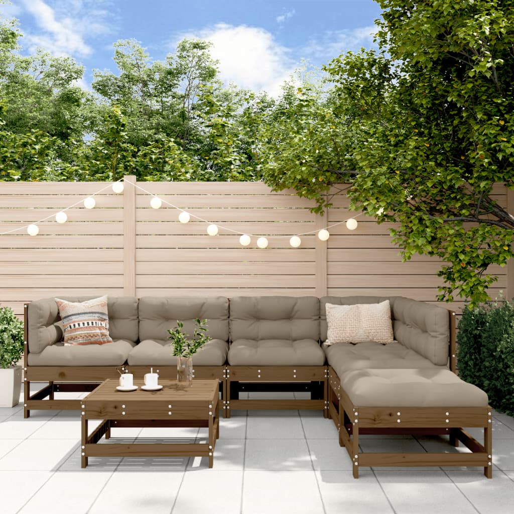 Salon de jardin 7 pcs avec coussins marron miel bois massif