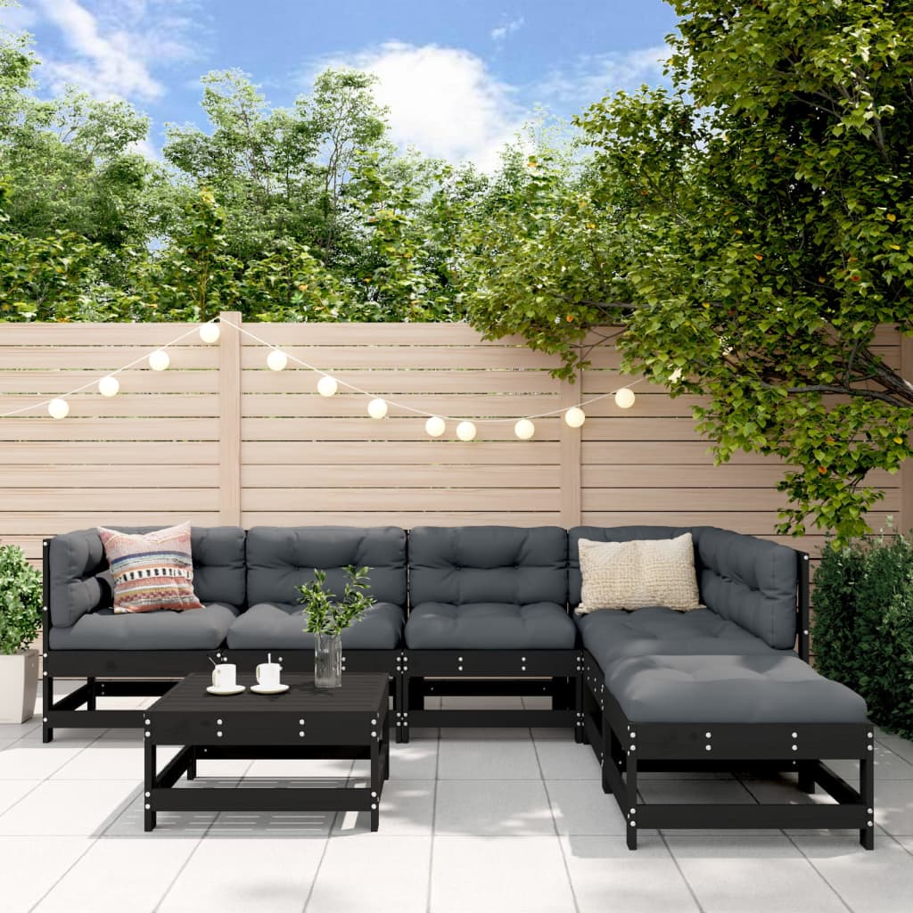Salon de jardin 7 pcs avec coussins noir bois massif