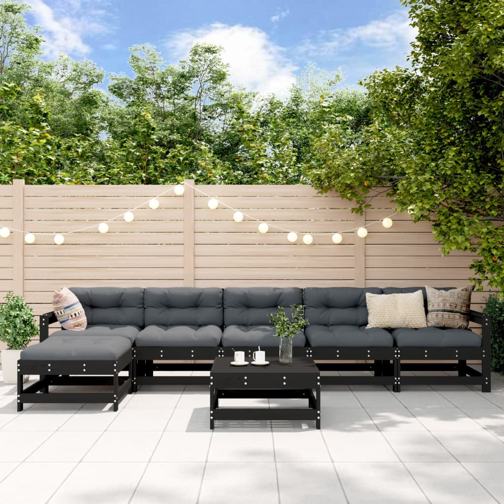 Salon de jardin 7 pcs avec coussins noir bois massif