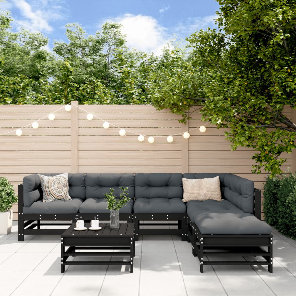 Salon de jardin 7 pcs avec coussins noir bois massif