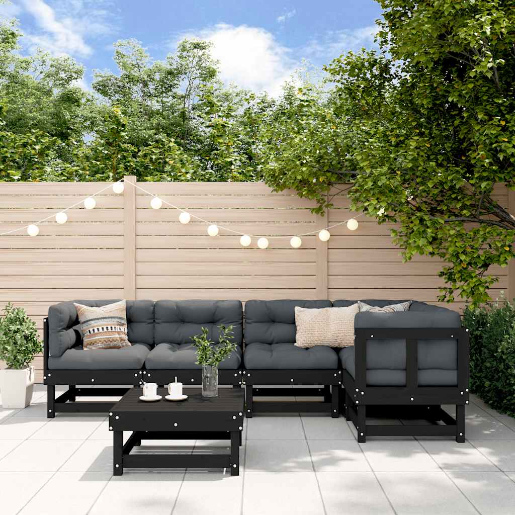 Salon de jardin 6 pcs avec coussins noir bois massif