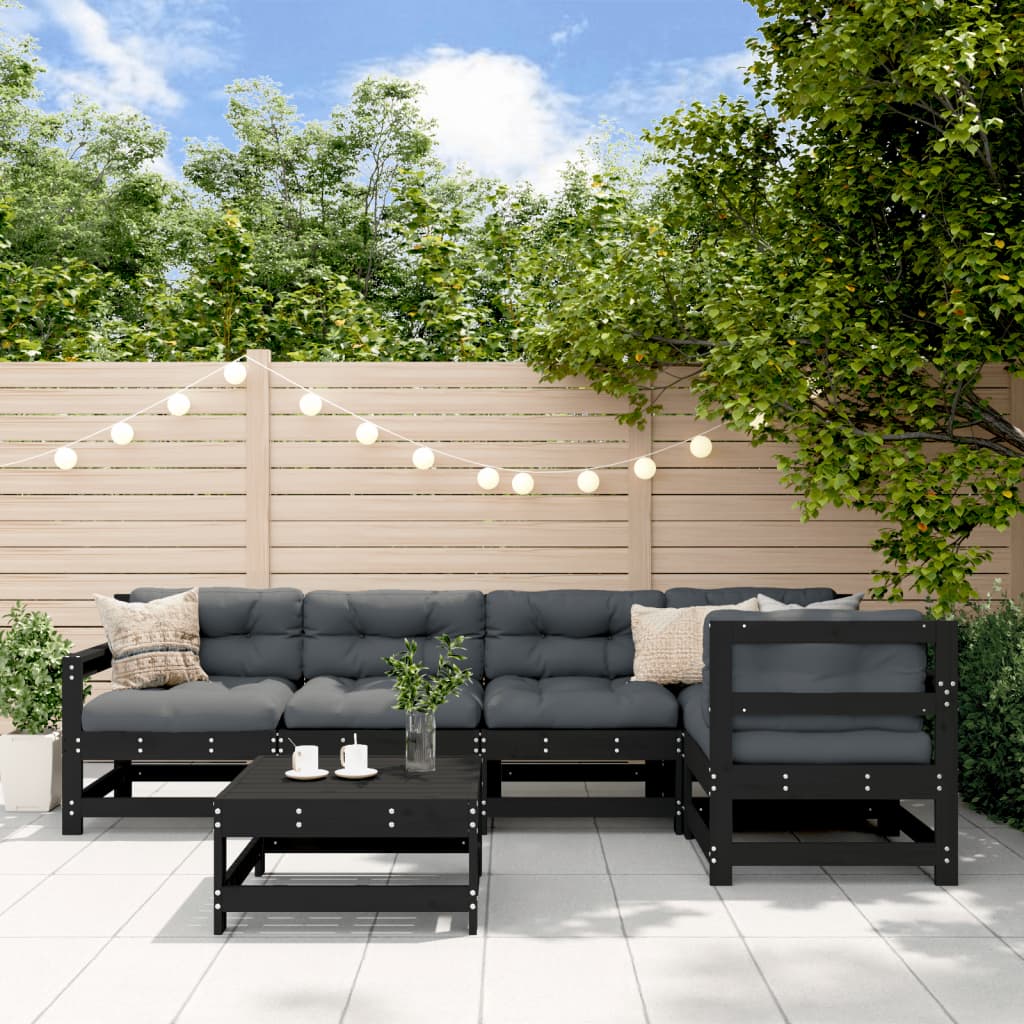 Salon de jardin 6 pcs avec coussins noir bois massif