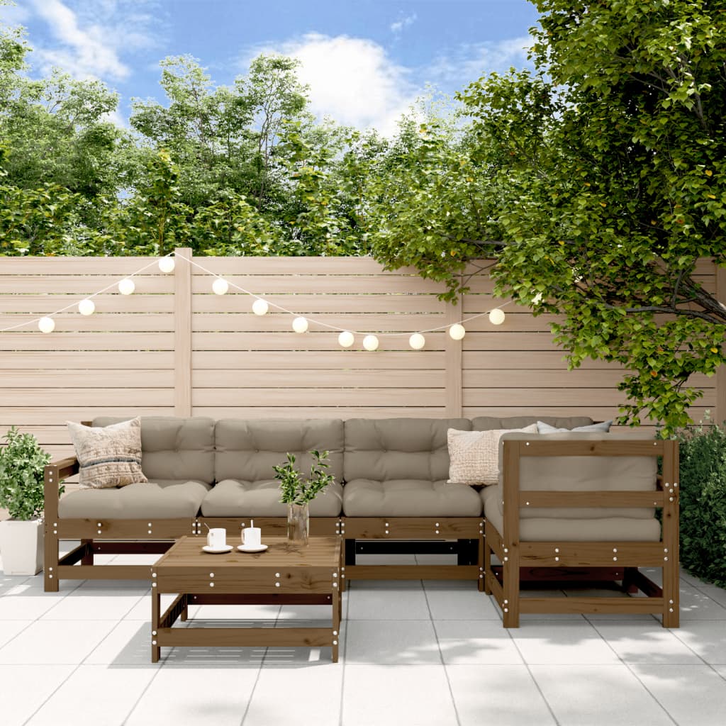Salon de jardin 6 pcs avec coussins marron miel bois massif