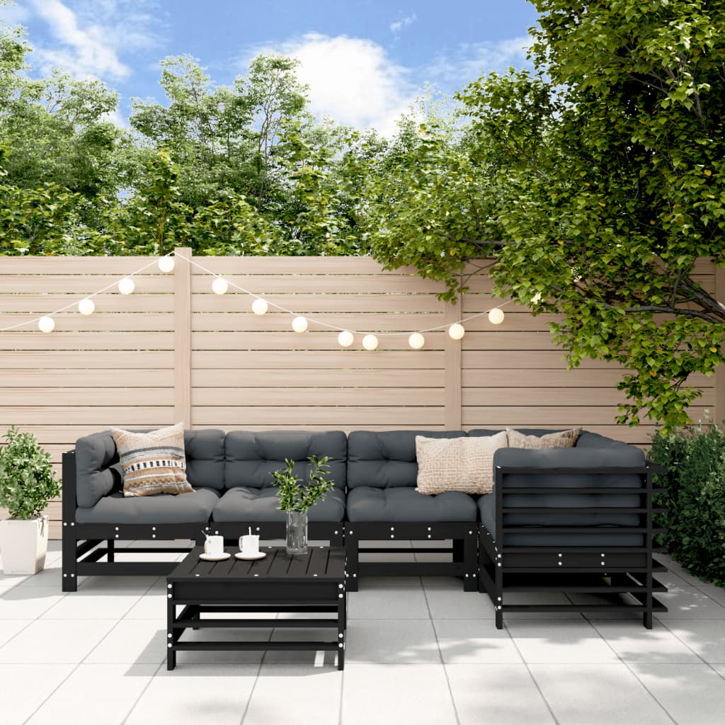 Salon de jardin 6 pcs avec coussins noir bois massif