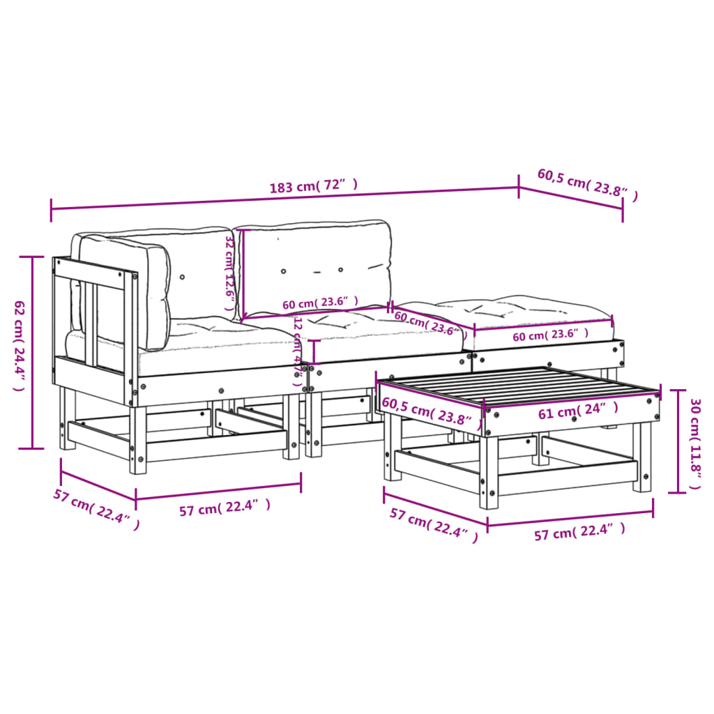 Set mobilier grădină cu perne, 4 piese, gri, lemn masiv