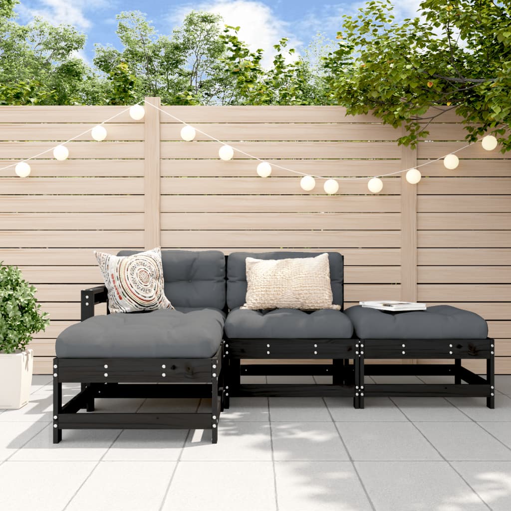 Salon de jardin 4 pcs avec coussins noir bois massif