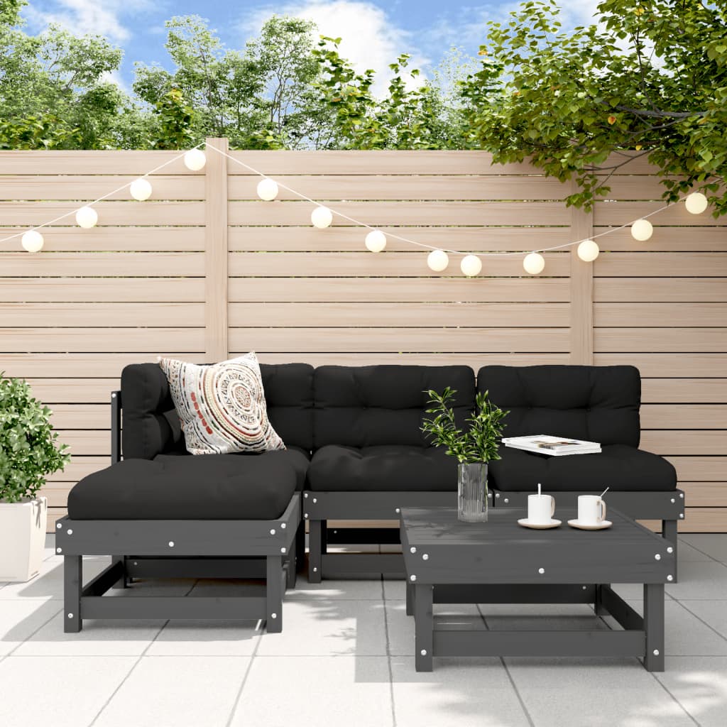 Salon de jardin 5 pcs avec coussins gris bois massif