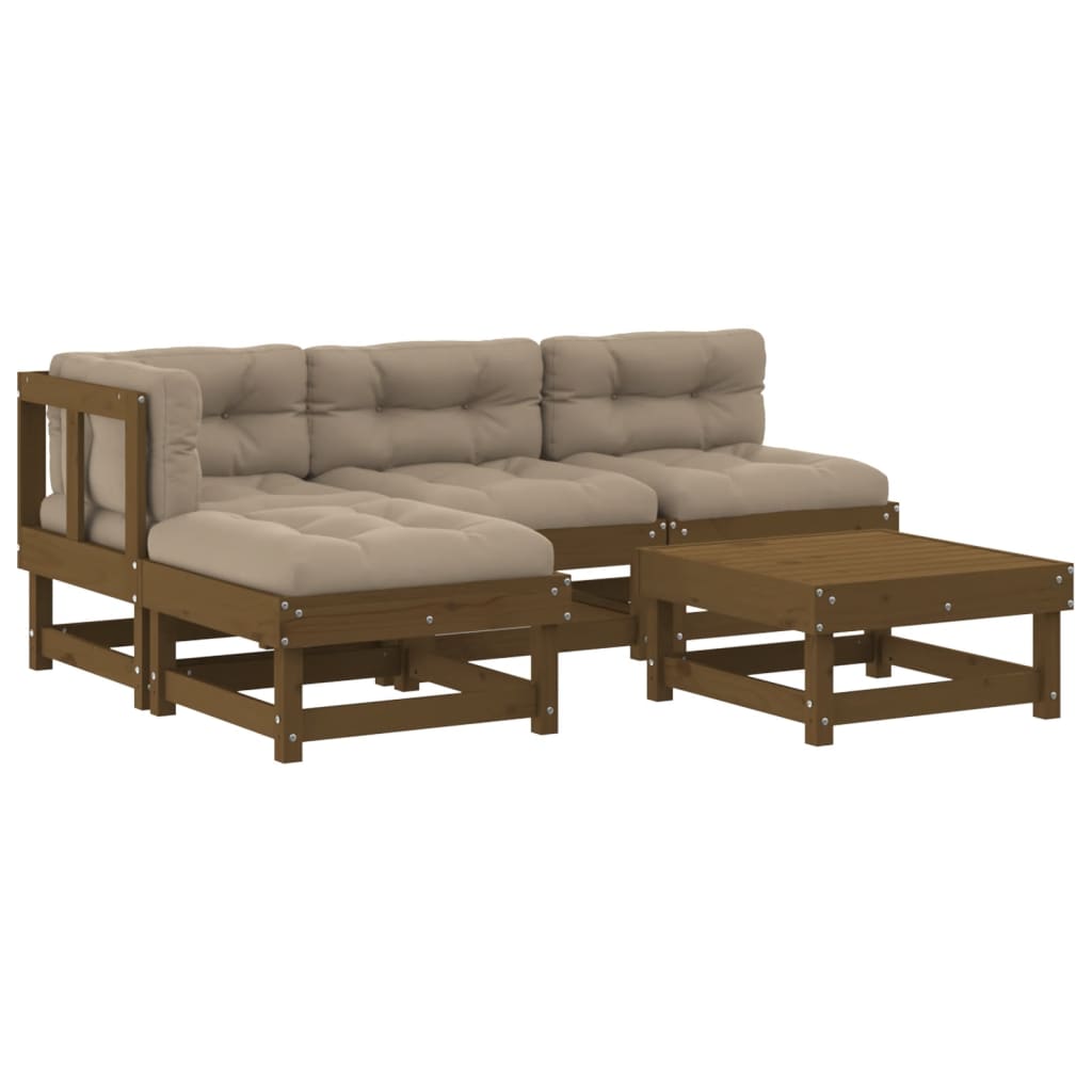 vidaXL 5-delige Loungeset met kussens massief hout honingbruin