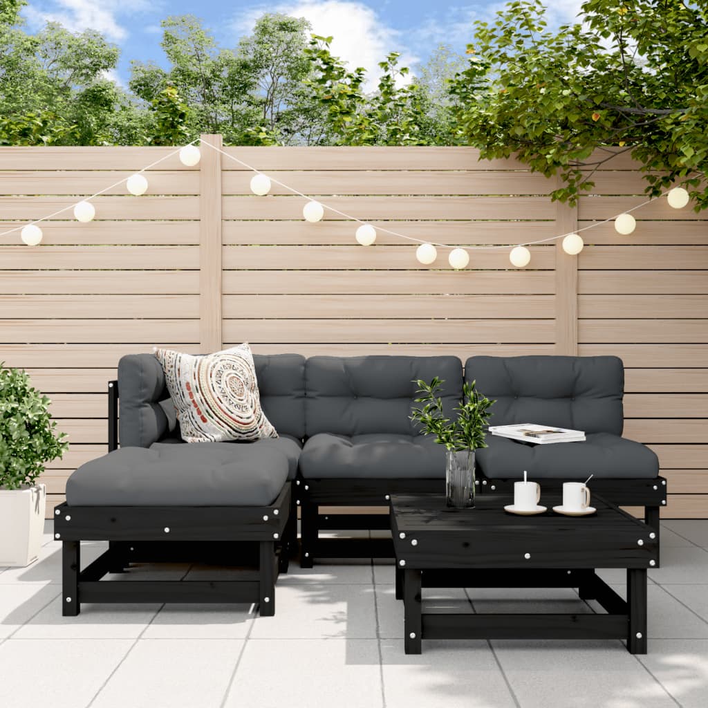 Salon de jardin 5 pcs avec coussins noir bois massif