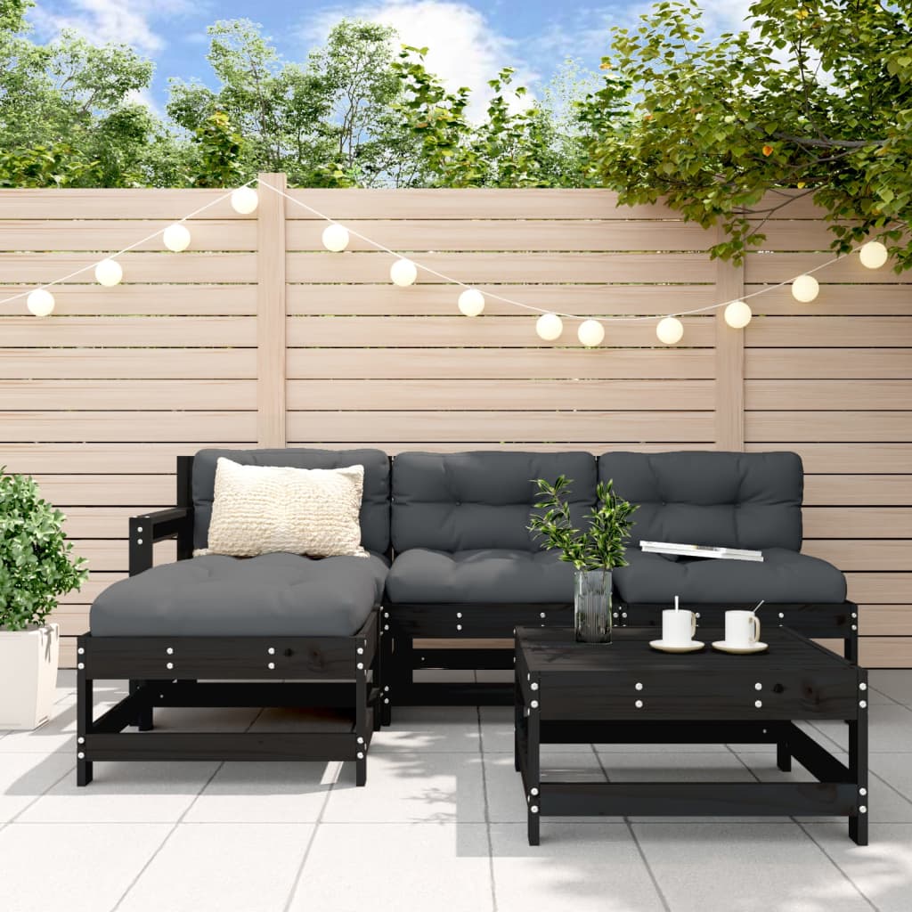 5-tlg. Garten-Lounge-Set mit Kissen Schwarz Massivholz