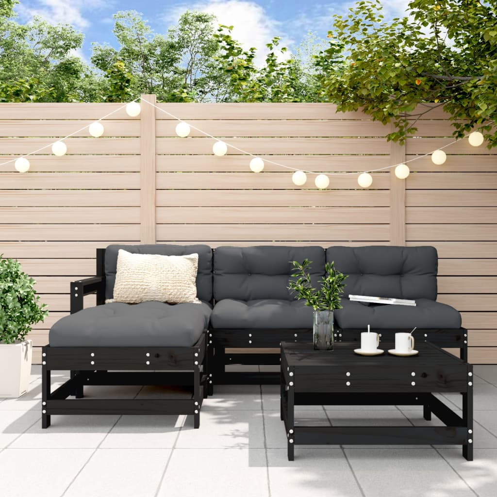Salon de jardin 5 pcs avec coussins noir bois massif