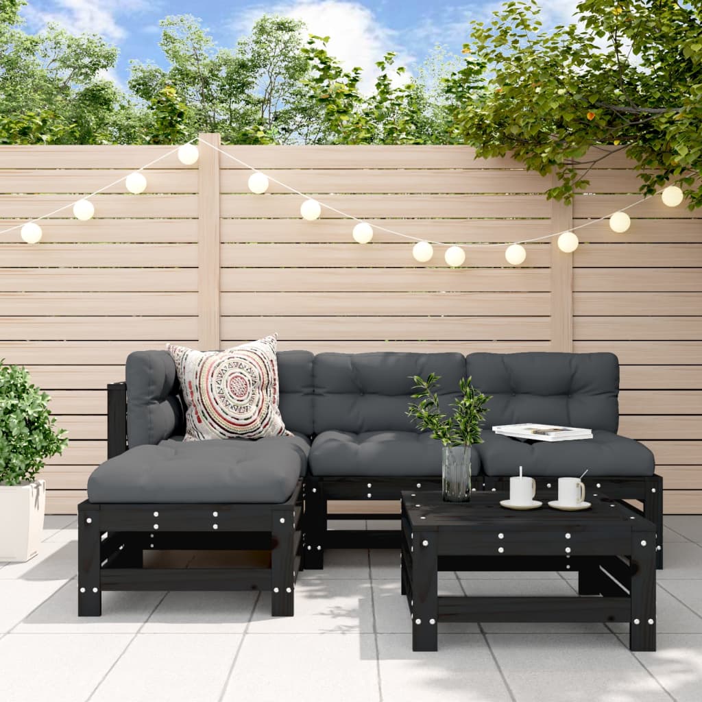 Salon de jardin 5 pcs avec coussins noir bois massif