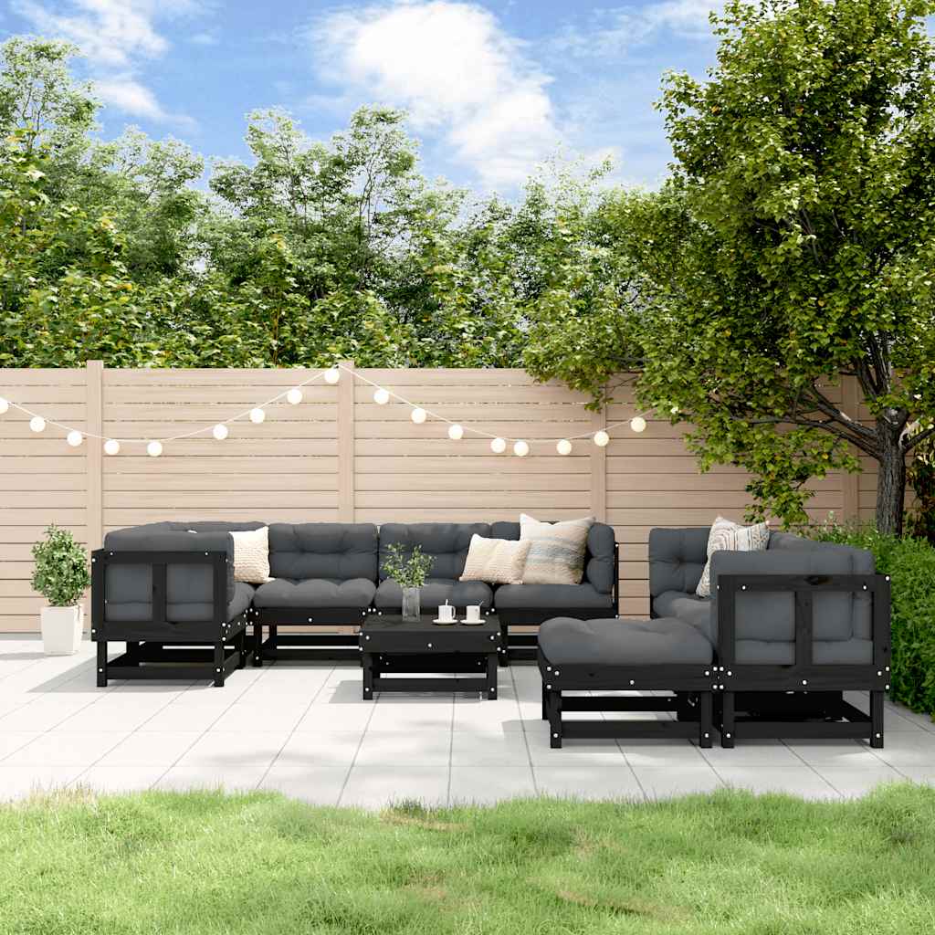 Salon de jardin 10 pcs avec coussins noir bois massif