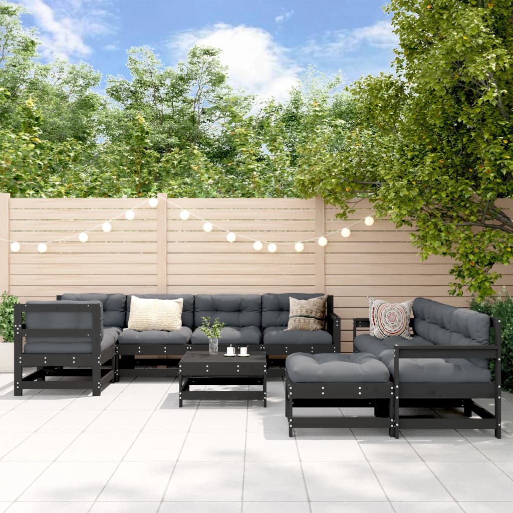 vidaXL Salon de jardin 10 pcs avec coussins noir bois massif